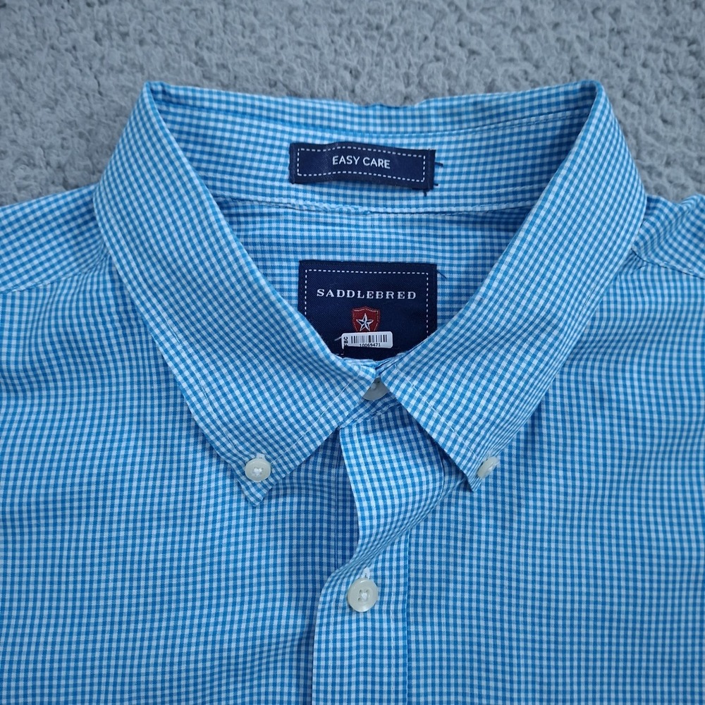 Saddlebred Shirt Mens L Short Sleeve Button Down Check Blue Gingham‎ Lightweight